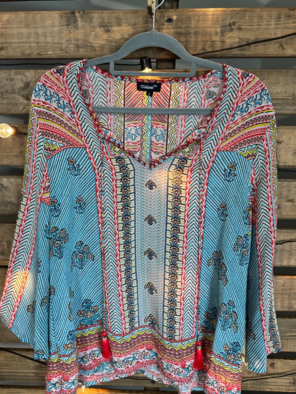 Tolani Boho Tassel Tunic Top Large Blue Pink Floral Made in India